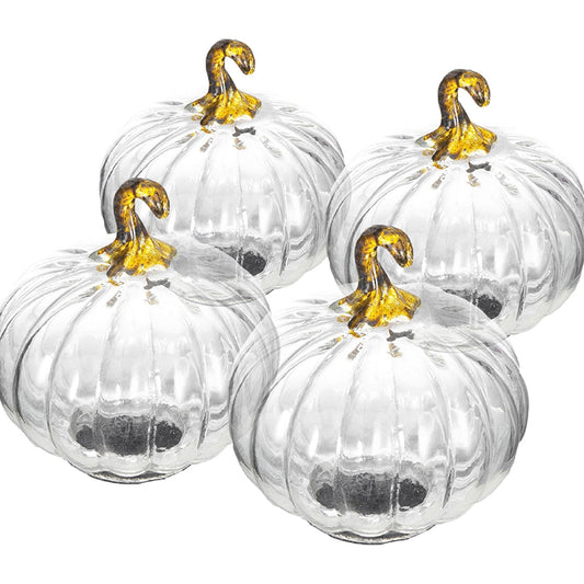 Set of 4, 4x4x5' Clear Glass Pumpkin, Pumpkin Ornament Decor for